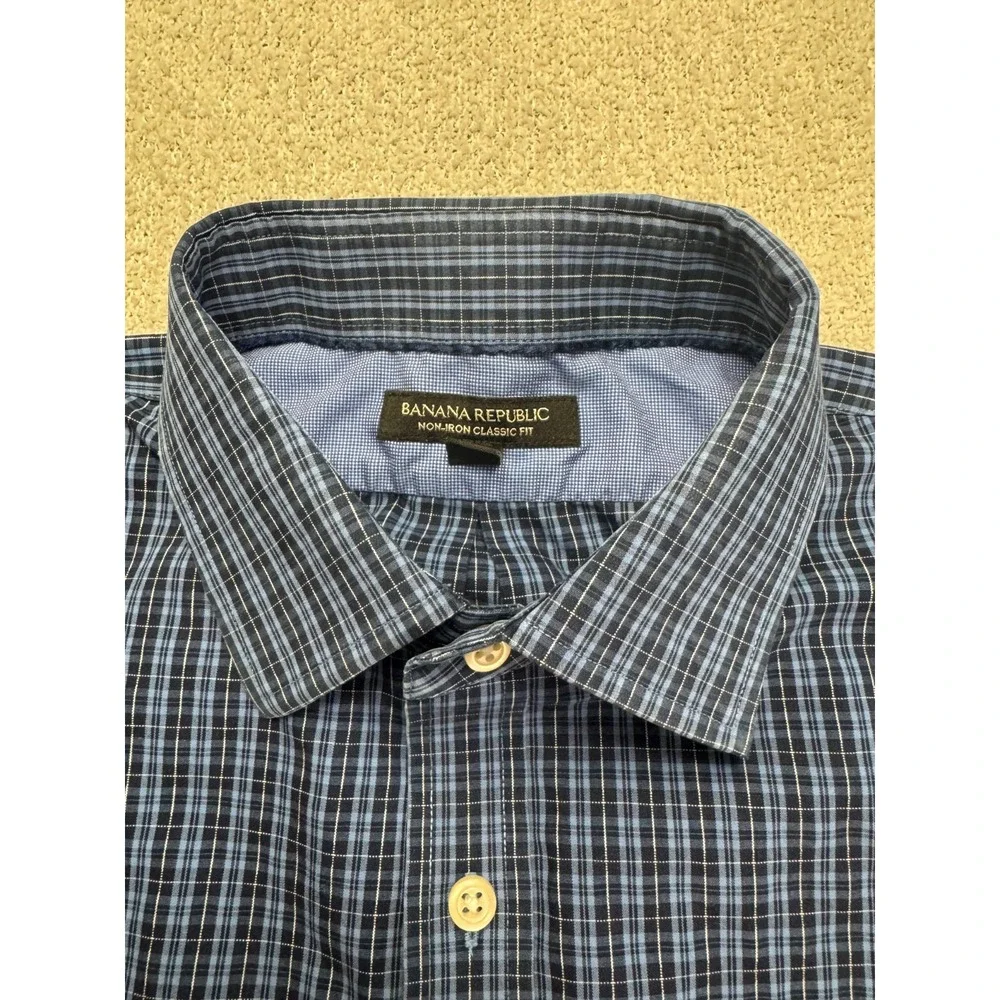 Banana Republic Non Iron‎ Classic Fit Shirt Mens L Blue Plaid Long Sleeve
